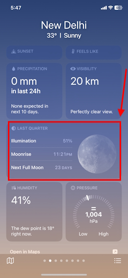 Lunar information panel in Weather app iOS 17