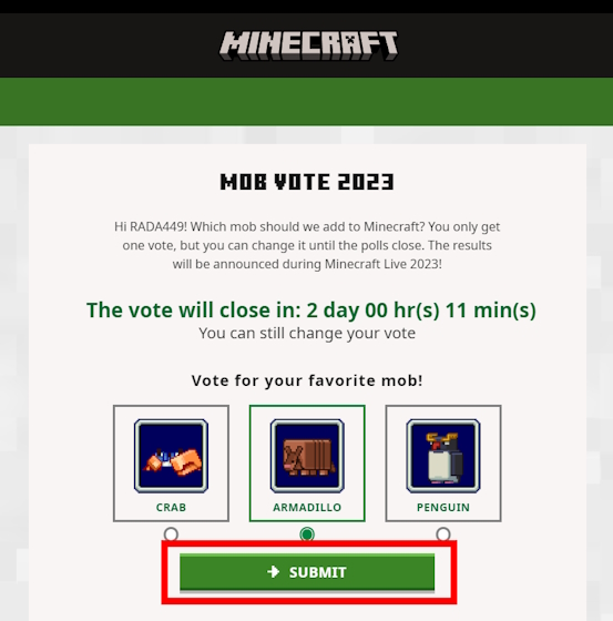 Select the mob you want to be added to Minecraft 1.21 update and click on the Submit button