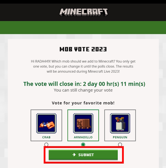 Armadillo is the Winner of Minecraft Live Mob Vote 2023