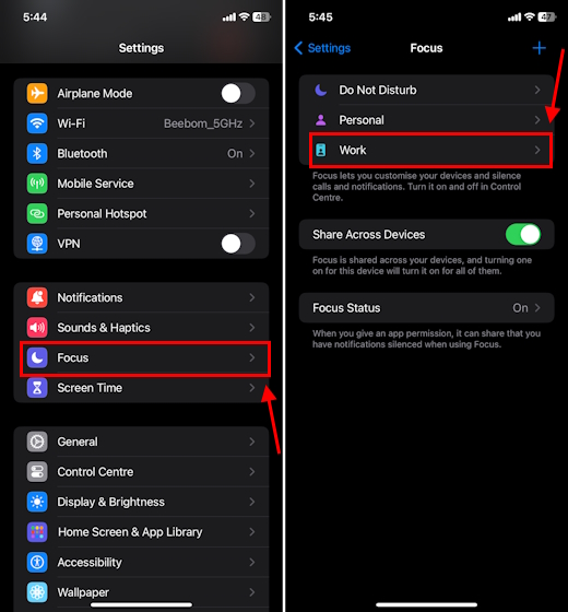 Open Focus section in iPhone Settings