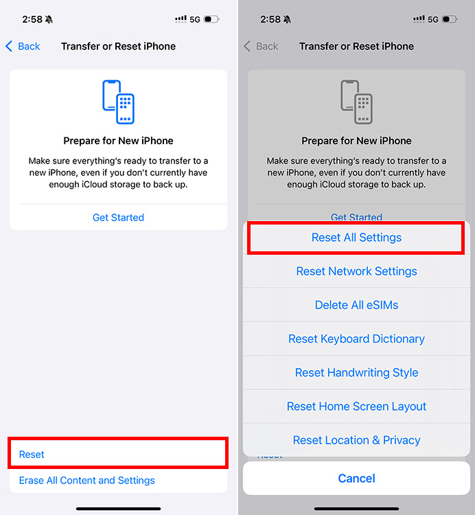 Option to Reset All Settings on iPhone