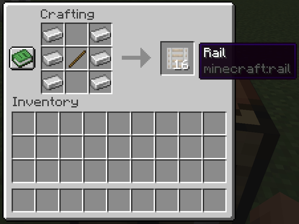 Completed recipe for rails in Minecraft