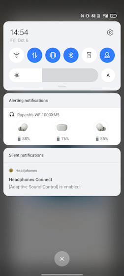 Sony Headphone Connect App Notification Bar View