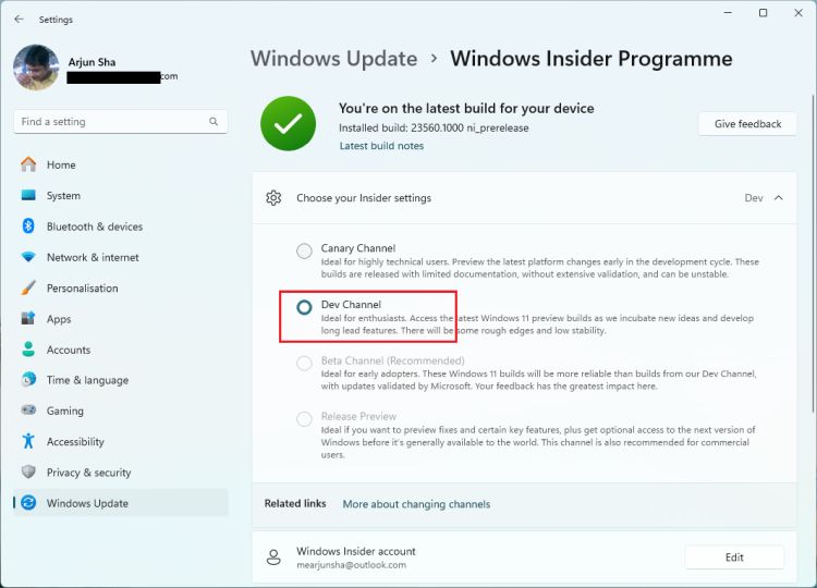 join the dev channel in windows 11 via the settings app