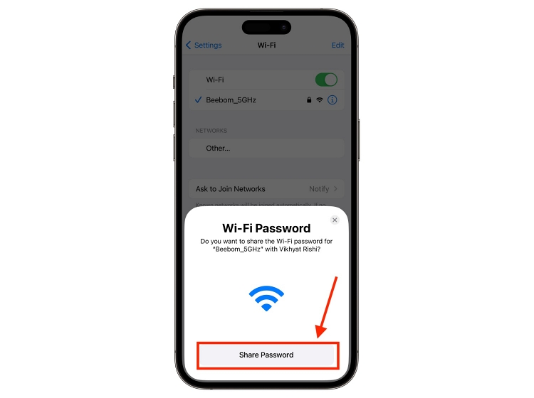 Wifi password sharing on iPhone