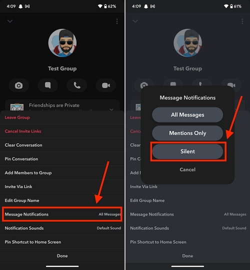 Silence group chat message notification on snapchat on Android