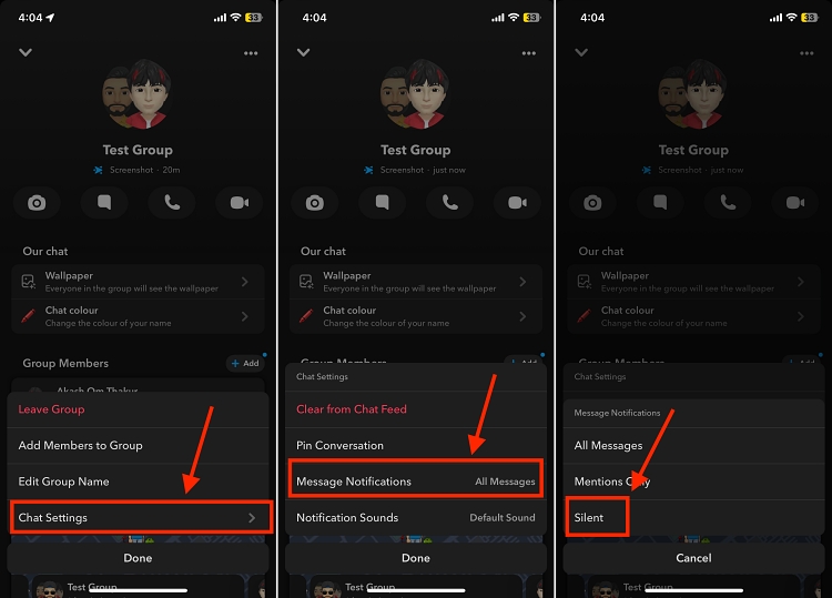 Silence group chat message notification on snapchat on iPhone