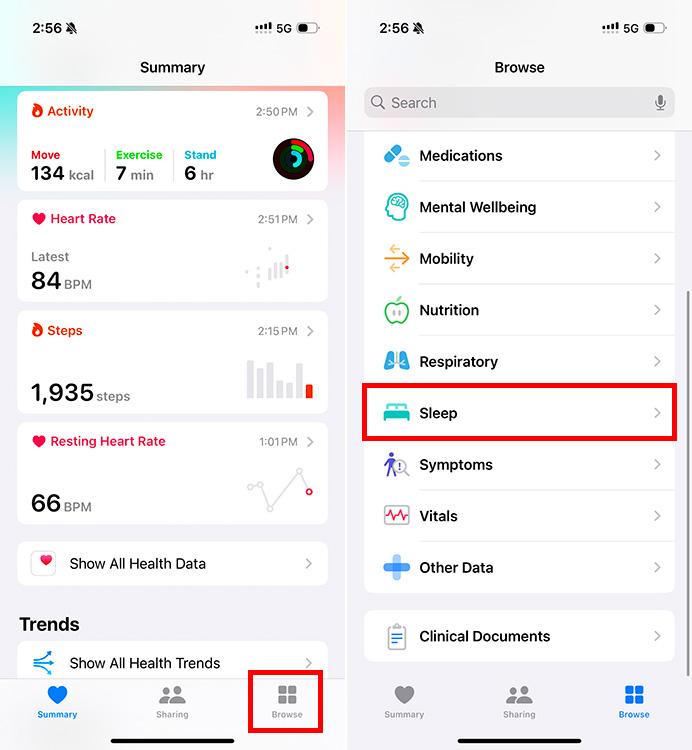 Screenshot showing how to get to Sleep settings in the iPhone Health app