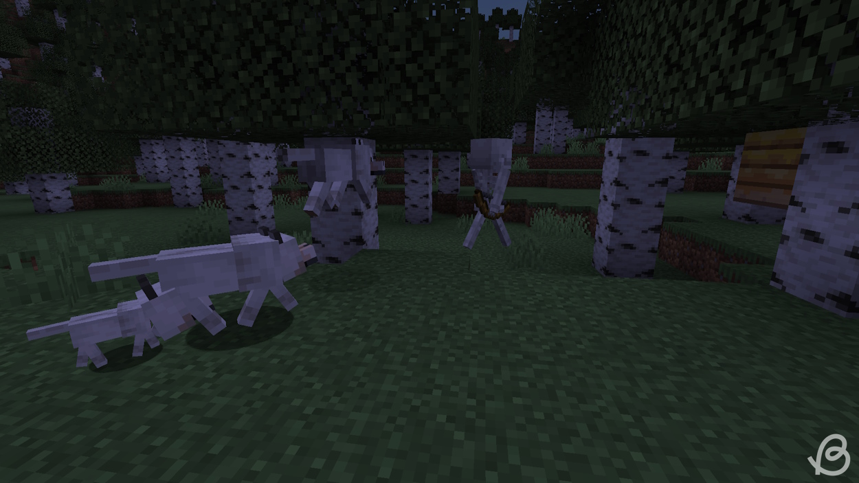 Tamed wolves attacking a skeleton