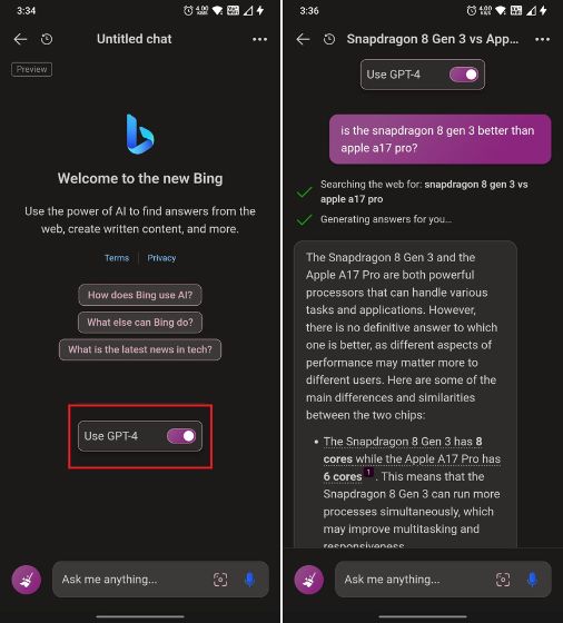 use gpt-4 for free on bing chat on android or ios