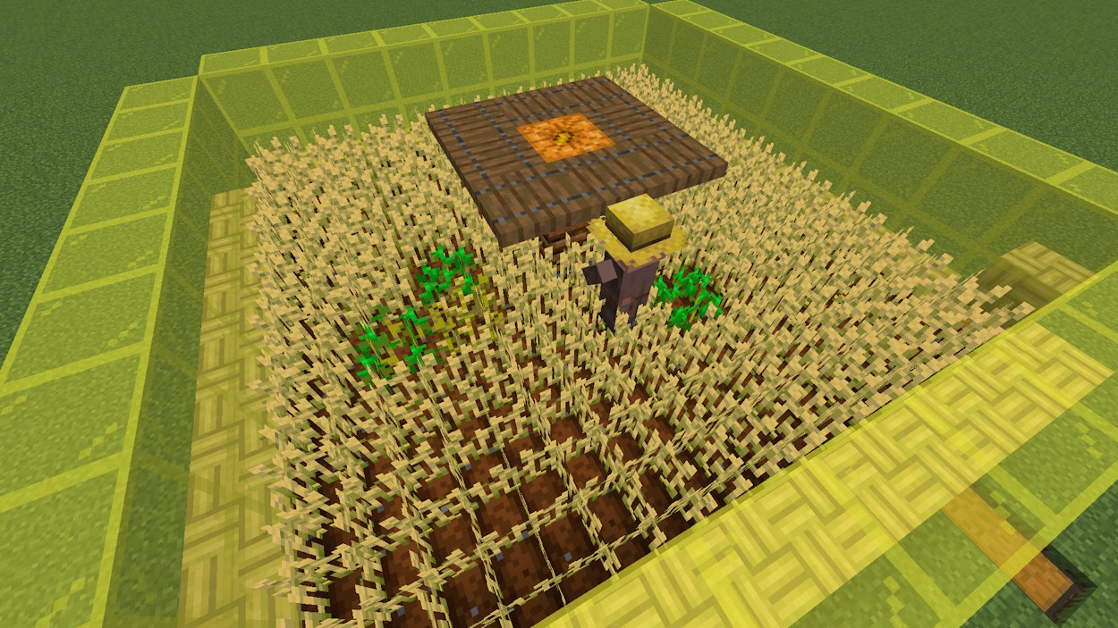 Add the villager and surround the light block with trapdoors and the Minecraft wheat farm is done