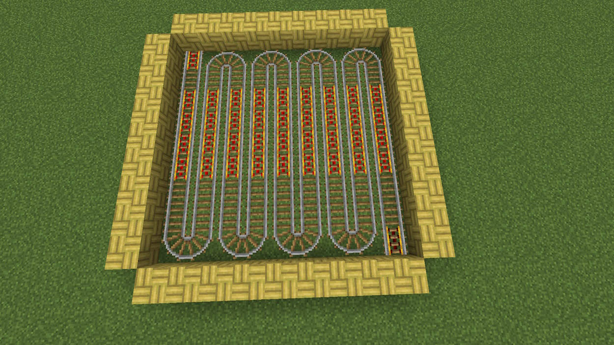 Finished rail system for the wheat farm in Minecraft