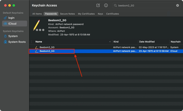 Wifi network in keychain access window