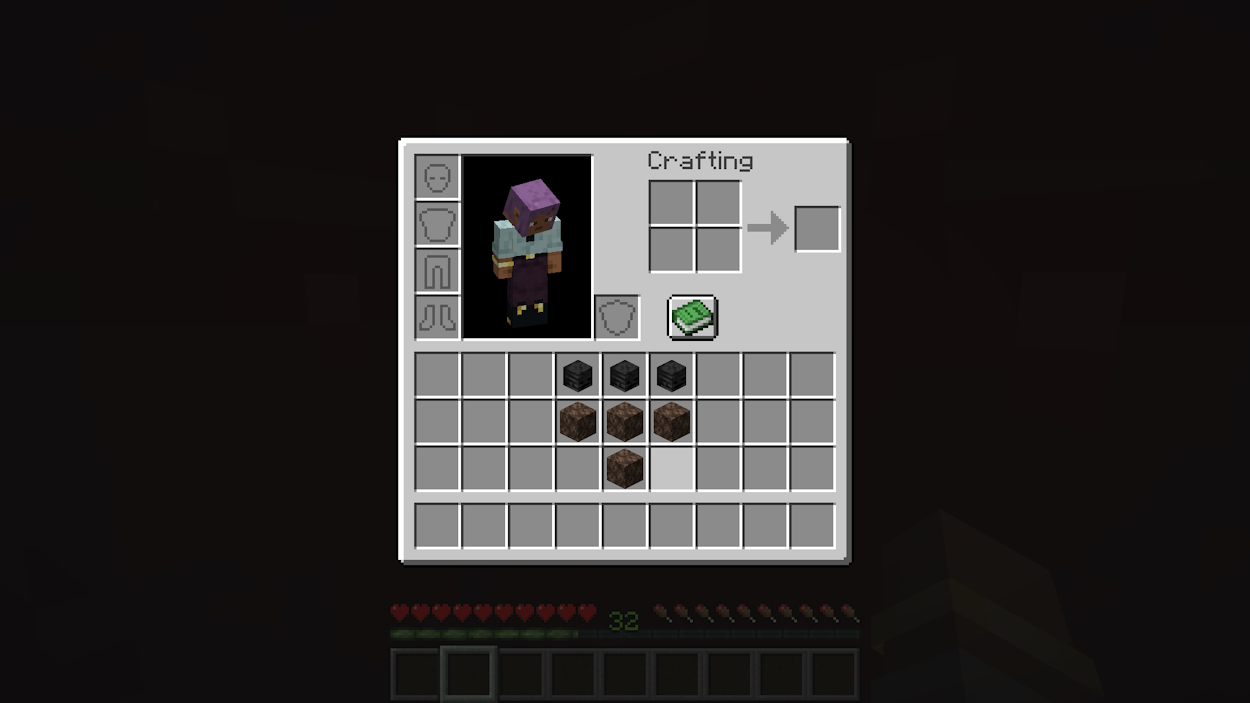 Player's inventory with three wither skeleton skulls and four soul sand