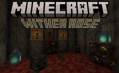 Wither roses, wither skeletons skulls and soul lanterns arranged in a spooky little room in Minecraft
