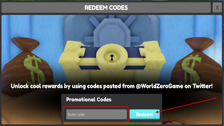 World Zero redeem code menu