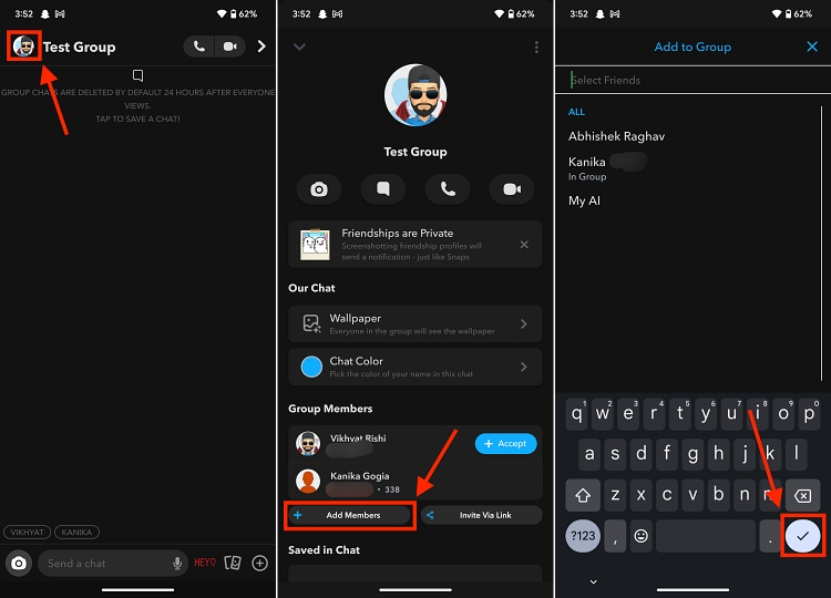 add members to group chat on Snapchat on Android