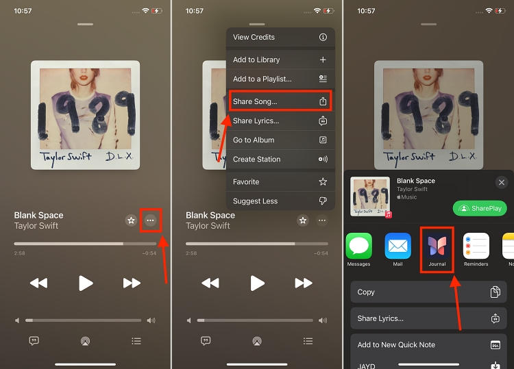 add music to journal app iPhone