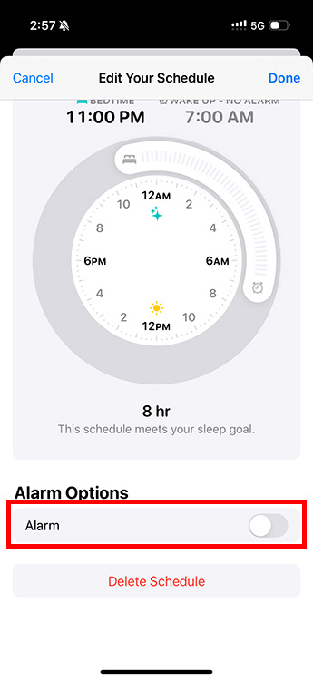 adjust wake up time or disable wake up alarm from health app in iPhone