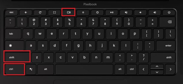 press ctrl, shift, and overview to take a partial screenshot on chromeos