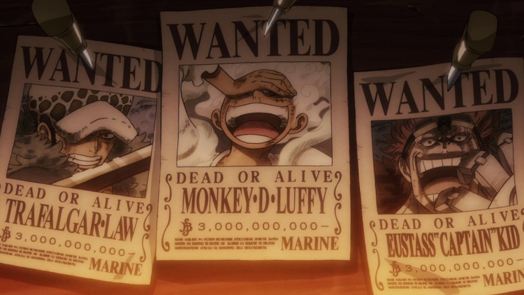 Bounties of Luffy, Kid, Law in One Piece anime.