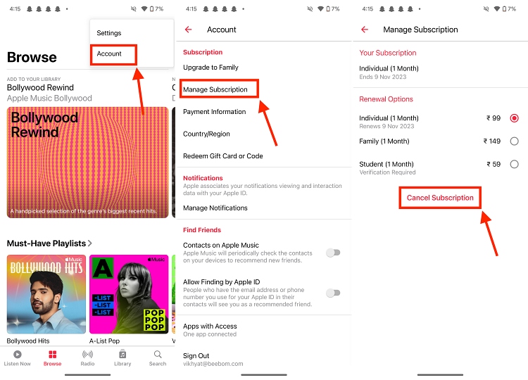 cancel apple music subscription via Android app