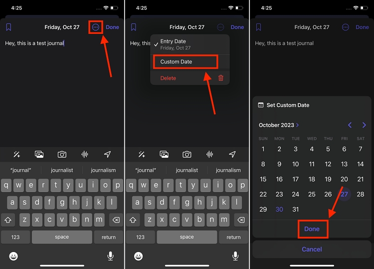 change journal entry date in the iPhone Journal app