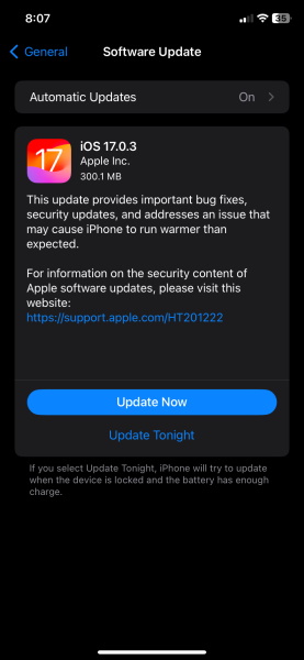 Mise à jour iOS 17.0.3