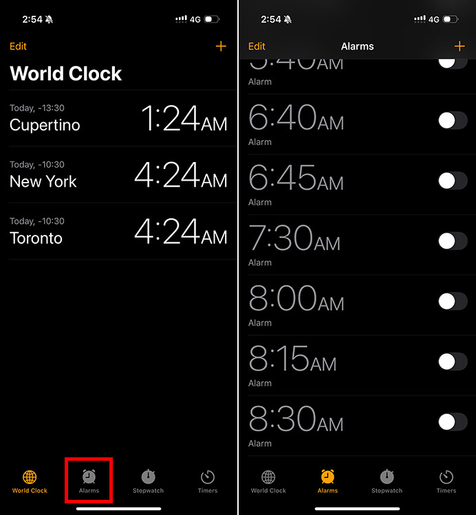 iPhone Clock app with Alarms screen