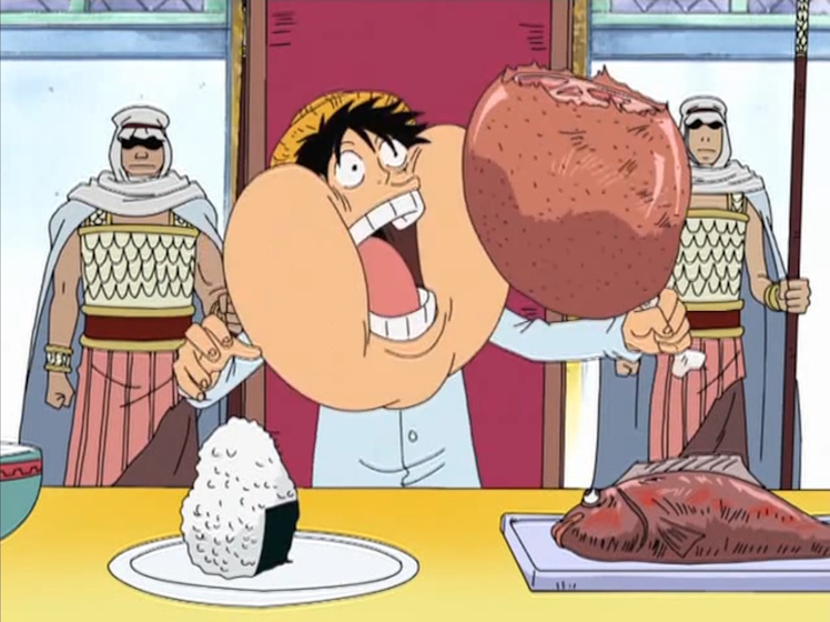 Luffy eating meat.