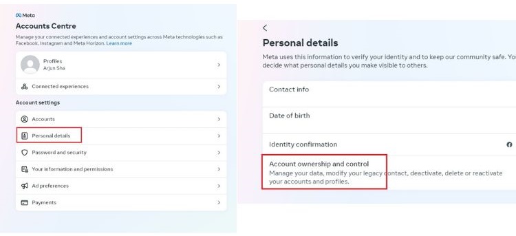 open personal details and move to account ownership and control on facebook account center