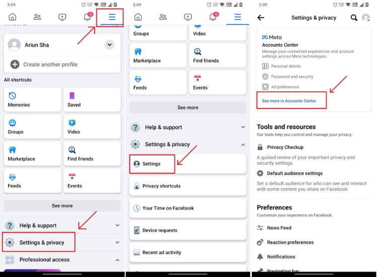 open settings in facebook app and open the accounts center