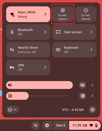 screen capture in chromeos quick panel 