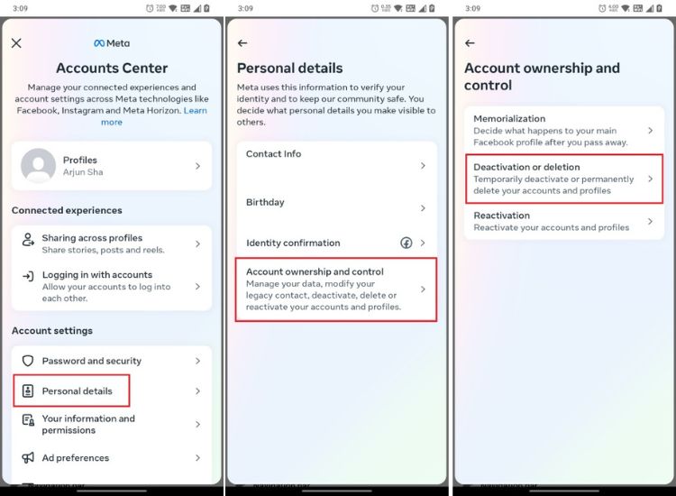 open account ownership and control and choose deactivation in facebook app