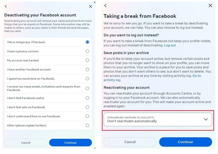 choose reason to deactivate facebook account and don't reactivate account automatically
