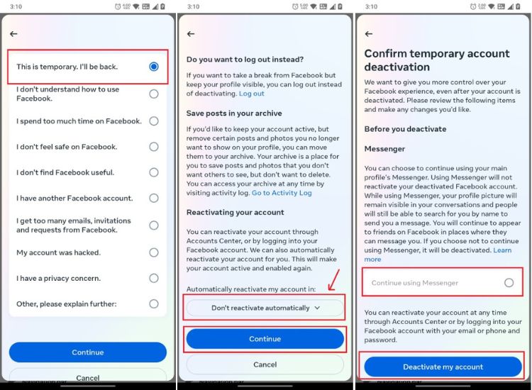 choose reason to deactivate fb account on android and confirm deactivation
