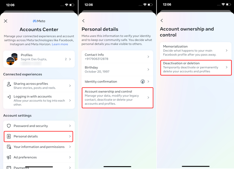 Finding Account ownership and control tab to deactivate Facebook account