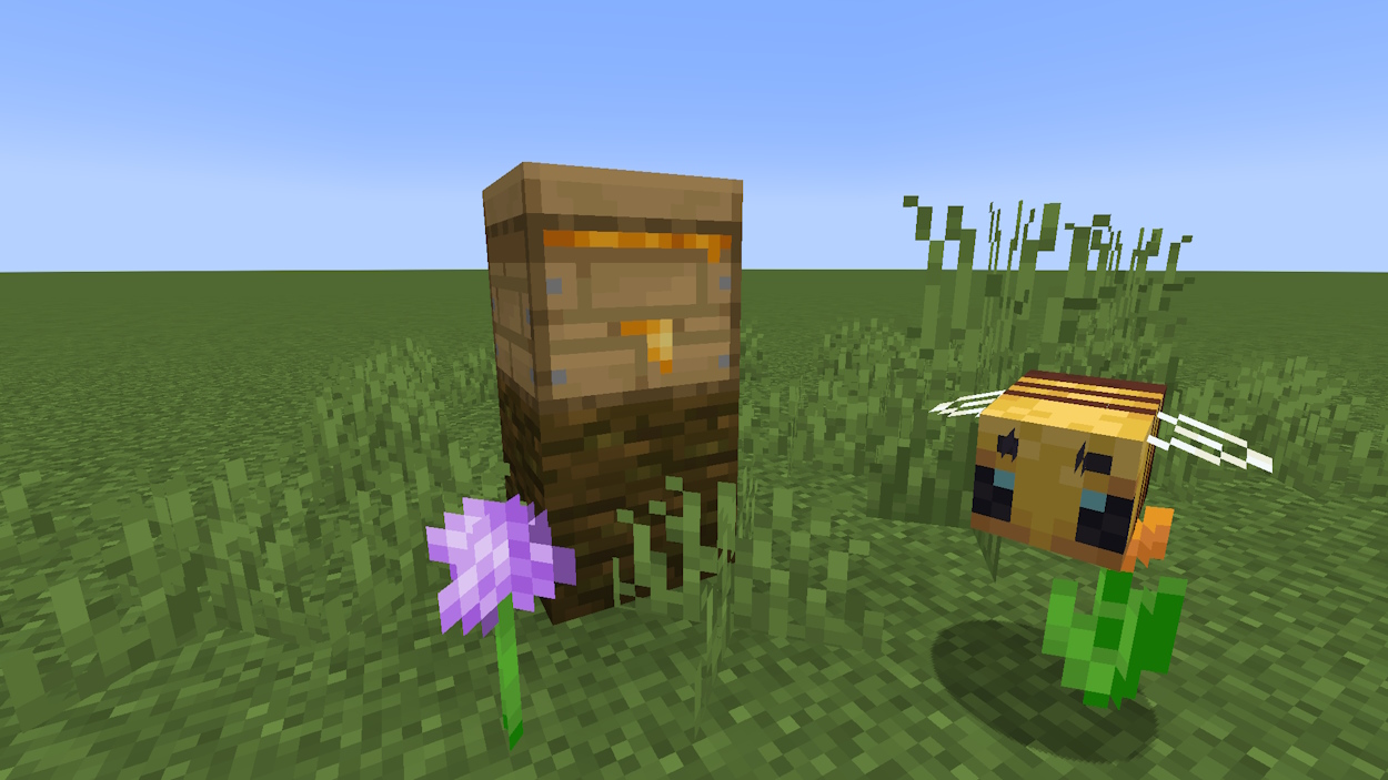 Beehive full of honey and a happy bee flying next to it in Minecraft