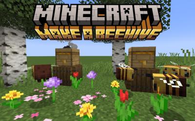 Beehives on top of campfires and bees happily pollinating flowers around them in Minecraft