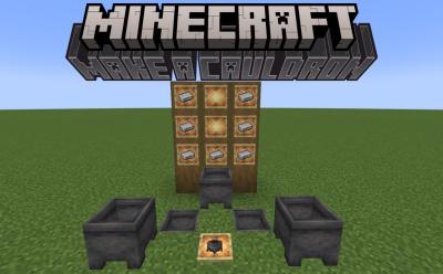 Several cauldrons placed in the world with iron ingots in item frames in the background in Minecraft