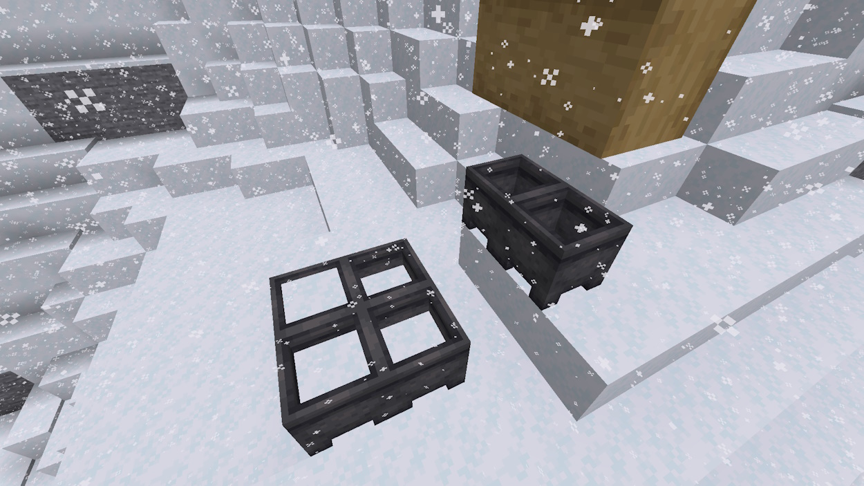 Four cauldrons filling with powder snow in a snowy biome and two cauldrons that are under solid blocks are not filled in Minecraft