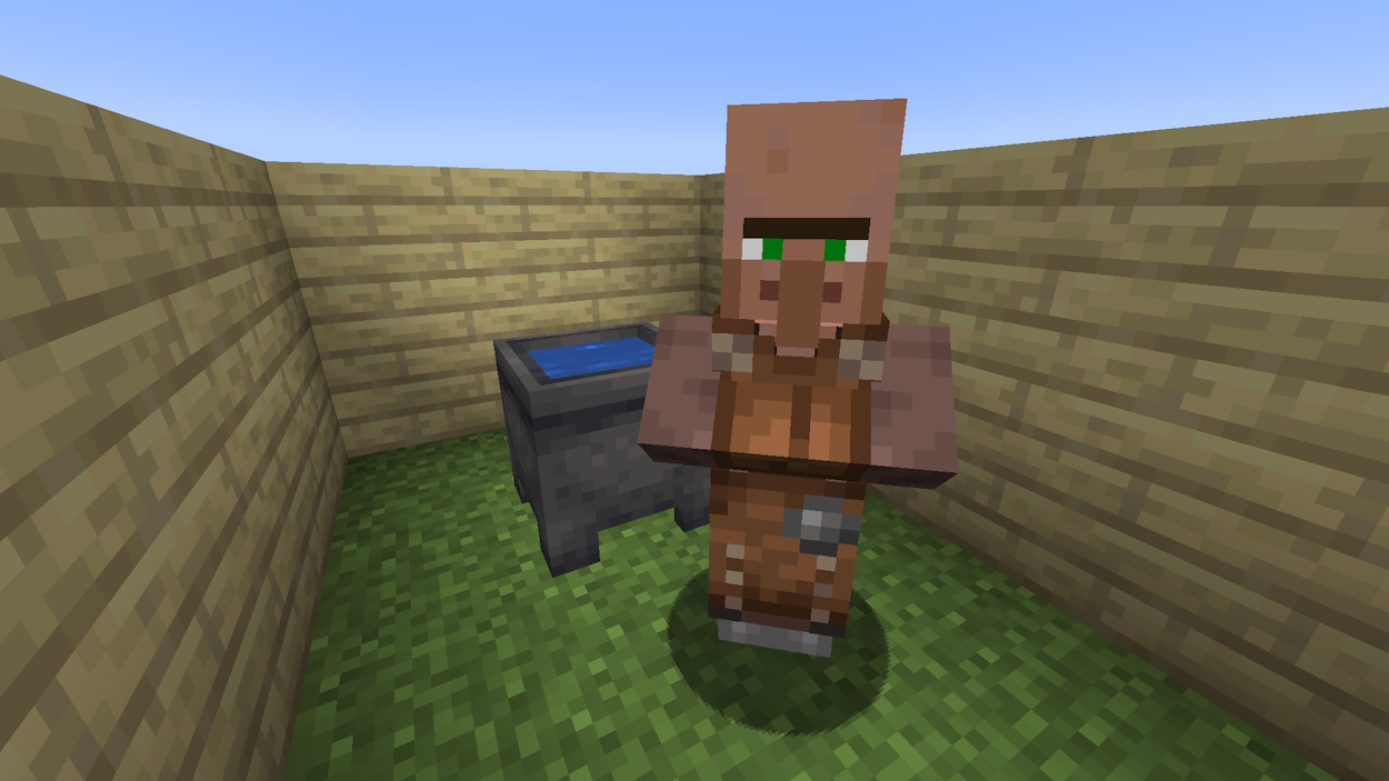 Leatherworker villager next to a cauldron in Minecraft