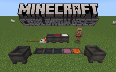 Multiple cauldrons with different contents in a superflat world and a villager and a comparator nearby in Minecraft