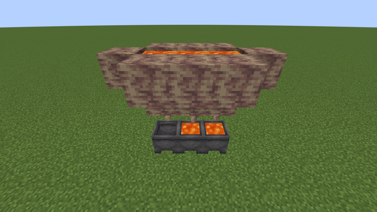 Simple lava generator made of dripstone blocks that contain lava and below are pointed dripstone facing toward cauldrons that already started to fill with lava