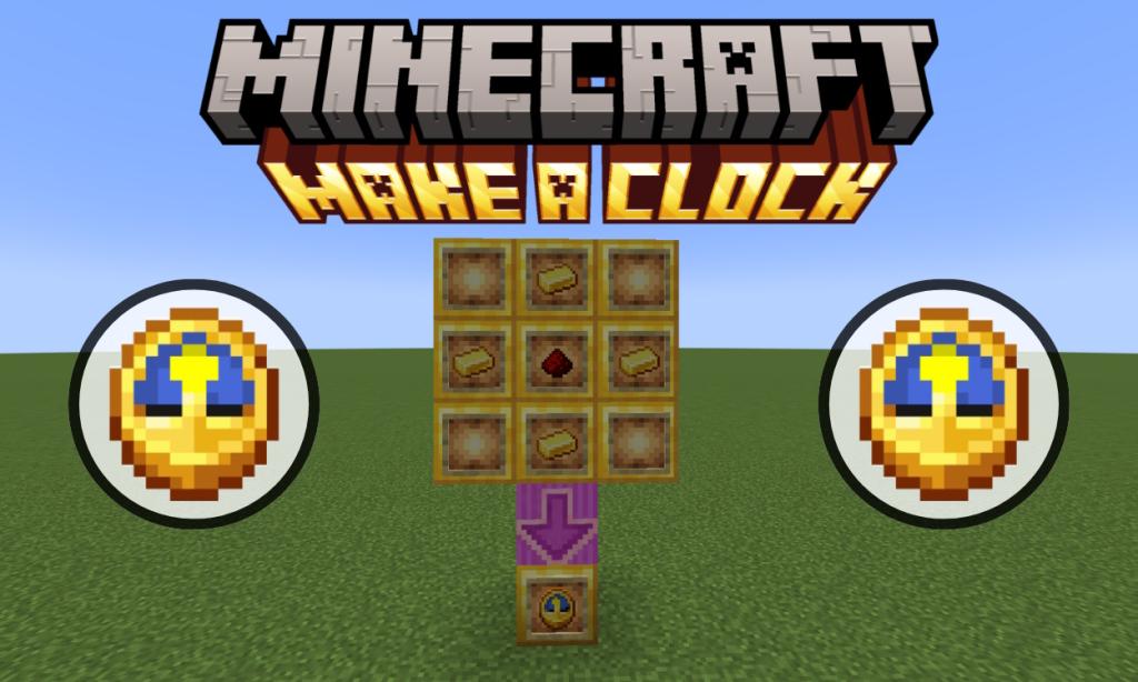 Minecraft Clock's crafting recipe's ingredients placed in item frames and the clock is in the item frame below, there are also two images of the clock on either side