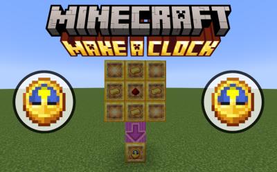 Minecraft Clock's crafting recipe's ingredients placed in item frames and the clock is in the item frame below, there are also two images of the clock on either side