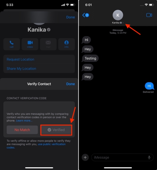 Contact verified on iMessage