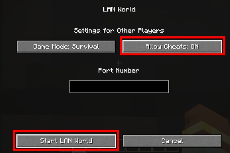 Select Allow Cheats to ON and click on the Start LAN World button