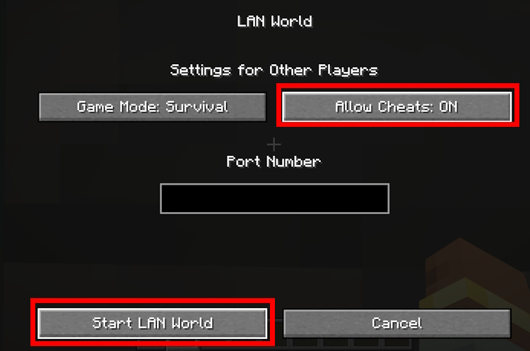 Sélectionnez Autoriser les tricheurs sur ON et cliquez sur le bouton Démarrer LAN World.