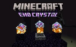 Three end crystals on top of an obsidian pillar in the End dimension with the Ender Dragon in the background in Minecraft